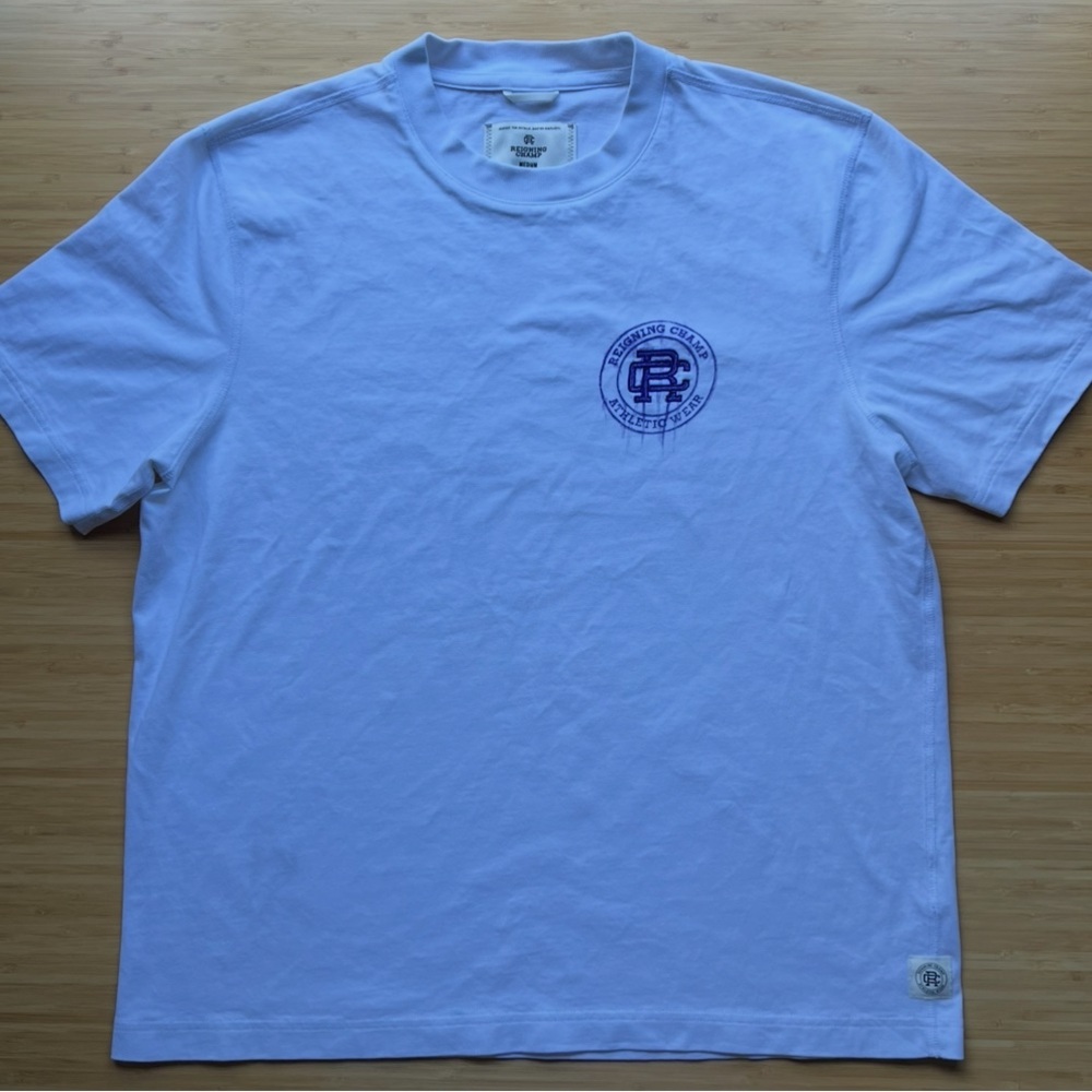 Reigning Champ White Tee with Blue Logo